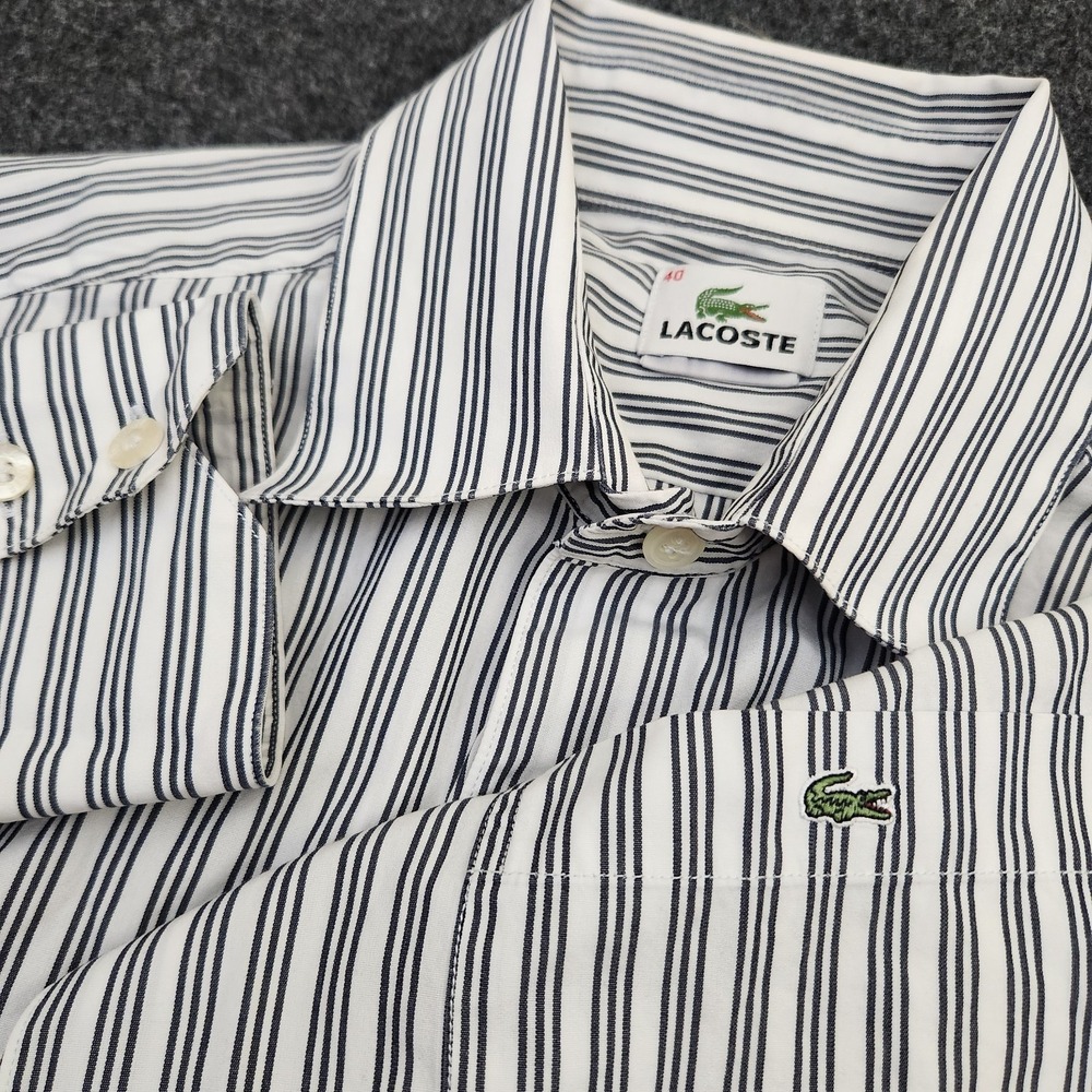 Lacoste Mens Size 40 Black White Striped‎ Long Sleeve Button Shirt Casual Office